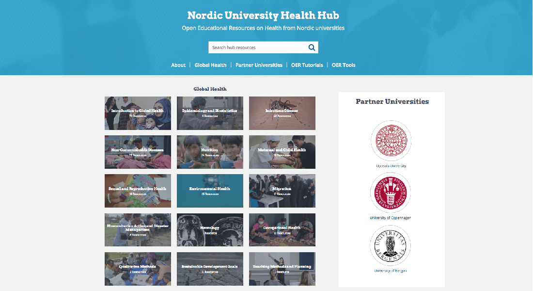 Overview of The Nordic University Health hub with the different courses